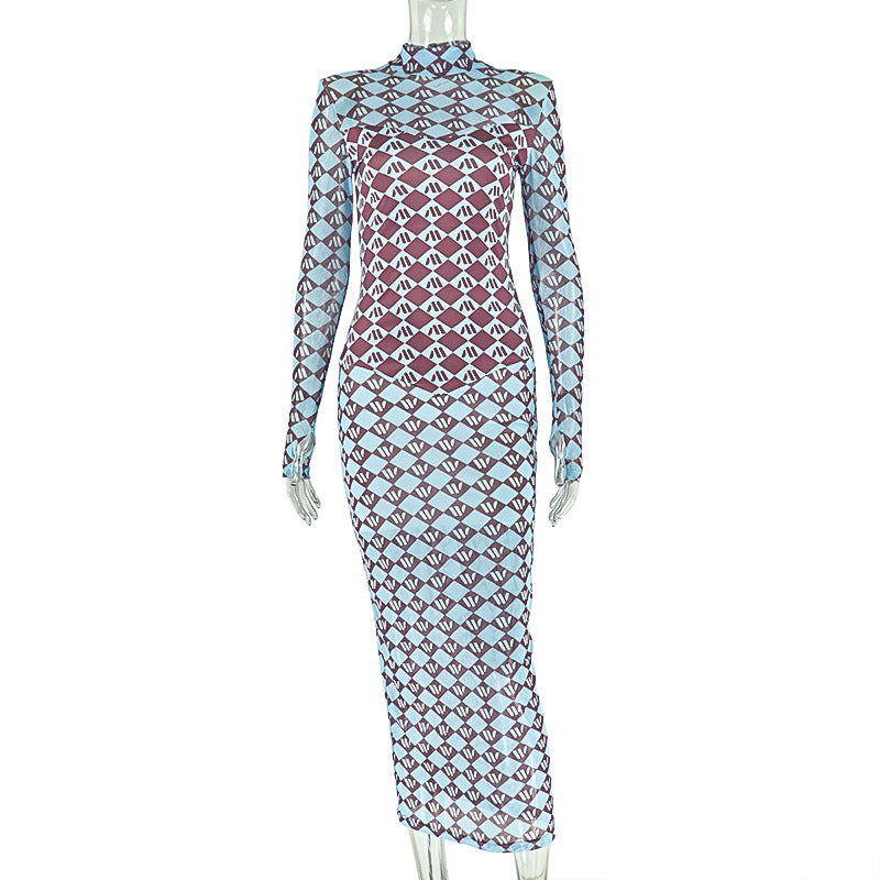Robe moulante à col roulé et manches longues avec imprimé micro transparent pour femme