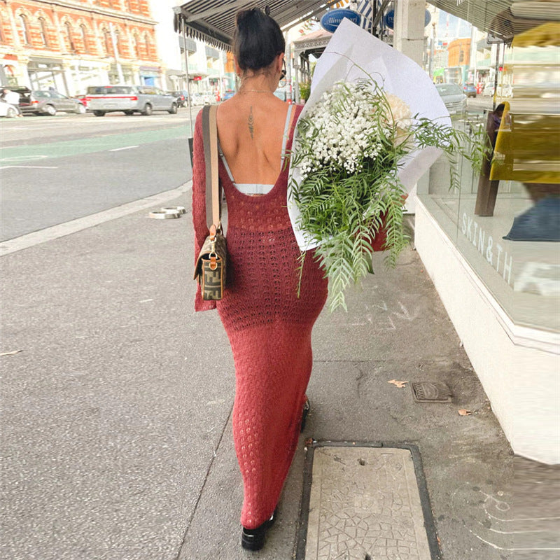 Sexy rückenfreies Strickkleid mit hohlen Cut-Outs, durchsichtigem Fischnetz, langen Ärmeln, Sommer-Sonnenschutz, Strandkleid für Damen