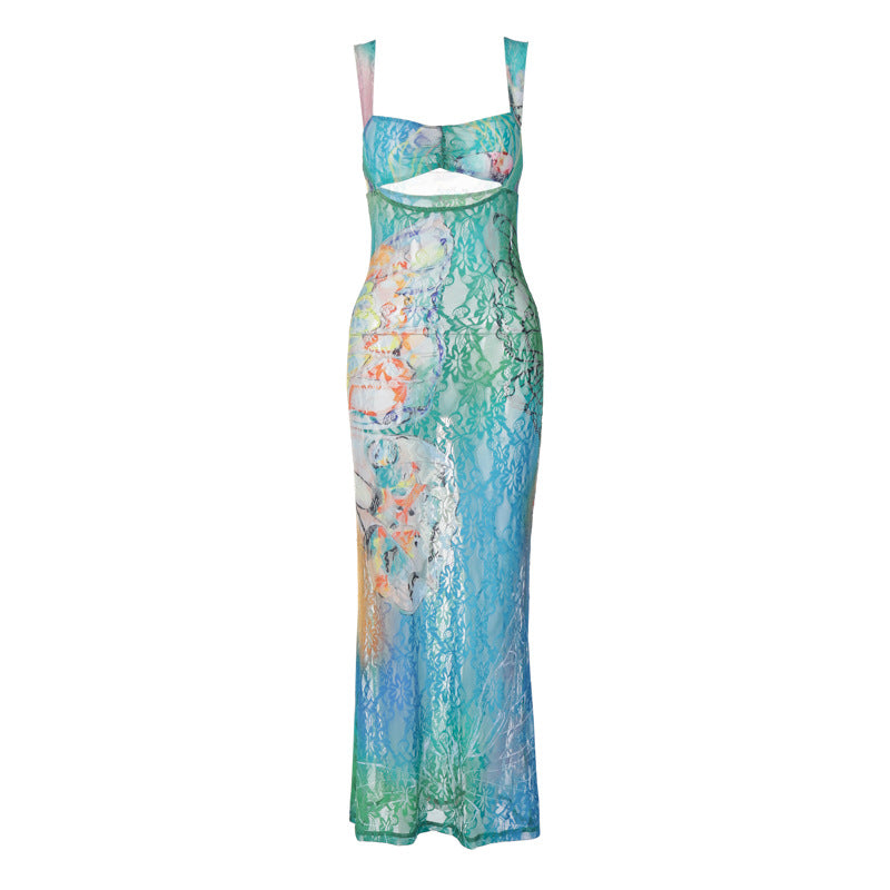 Damen Street-Hipster Sexy Hip Sommer Spaghetti-Träger Spitze Print Ärmelloses Rückenfreies Kleid