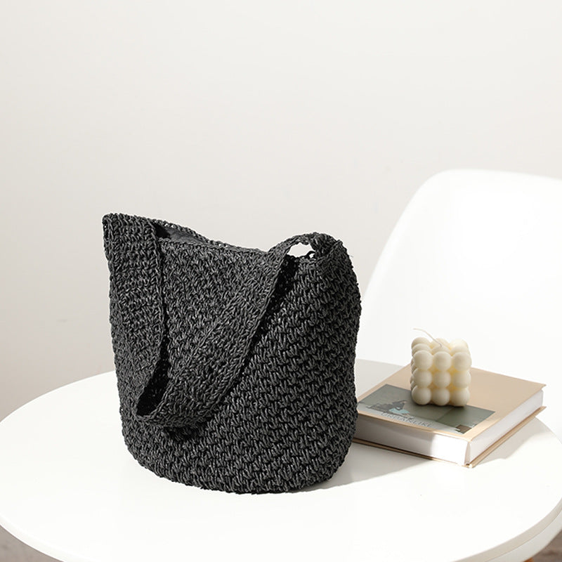 Sac tissé à la main Sac en paille Sac seau Sac de plage pour les vacances à la mer