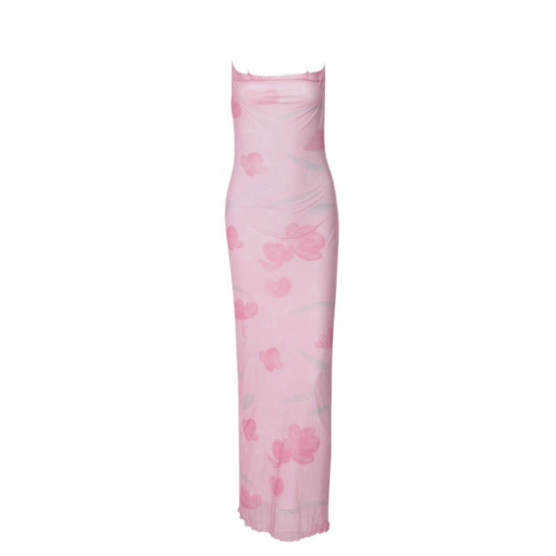 Damenbekleidung Sommer Sexy Süß Scharf Schulterfreies Mesh Blumenmuster Langes Trägerkleid