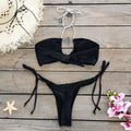 Einfarbiger Schnür-Bikini mit niedriger Taille, sexy Hohlkreuz-Ausschnitt, geteilter Bikini für Damen