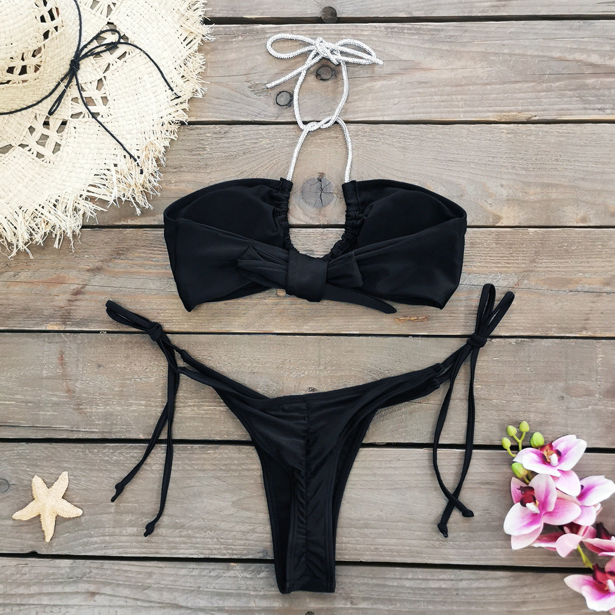 Einfarbiger Schnür-Bikini mit niedriger Taille, sexy Hohlkreuz-Ausschnitt, geteilter Bikini für Damen