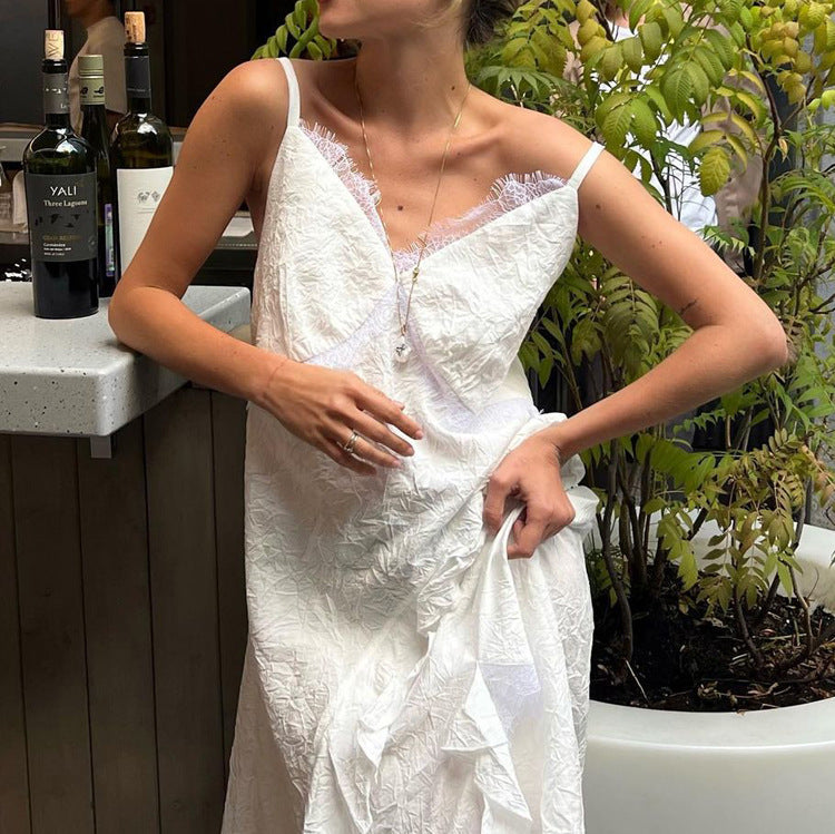 Französisches Design, unregelmäßiger, asymmetrischer Saum, rückenfreies, sexy Kleid, Damen-Spitzen-Patchwork, ärmelloses Cami-Kleid
