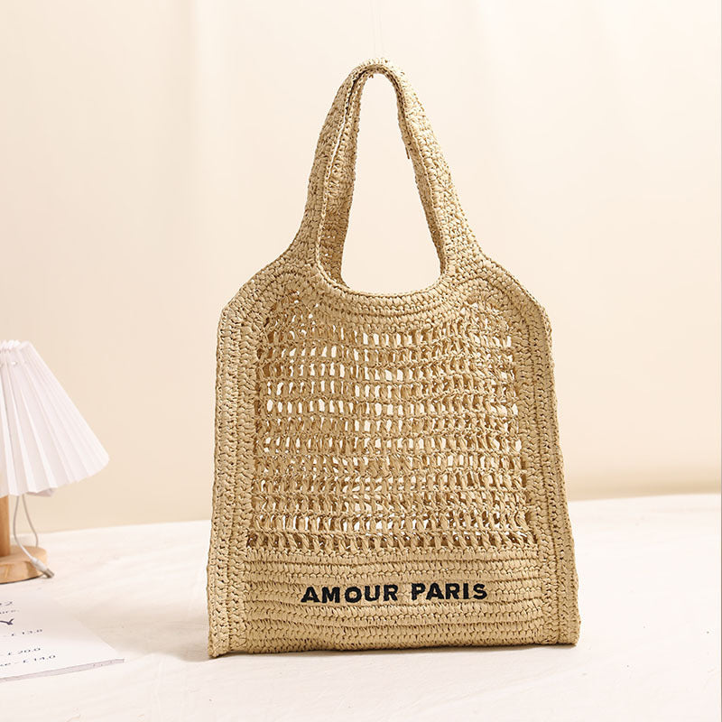 Sac de Plage en Paille Tressée d'Été avec Motif à Lacets, Idéal pour les Vacances à la Plage des Femmes