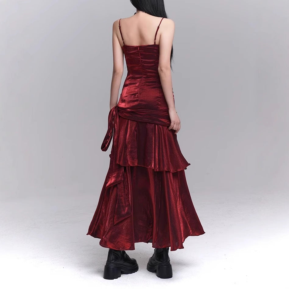 Dunkelrotes Trägerkleid, Konzert-Geburtstagskleid, hochwertiges Partykleidchen