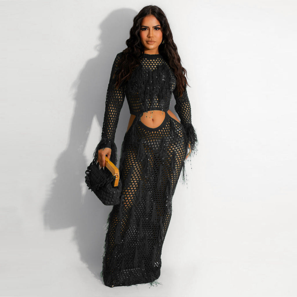 Damenbekleidung Sexy Handgemachtes Gestricktes Strandkleid Aushöhlen Cut-Out Nerz Quaste Maxikleid