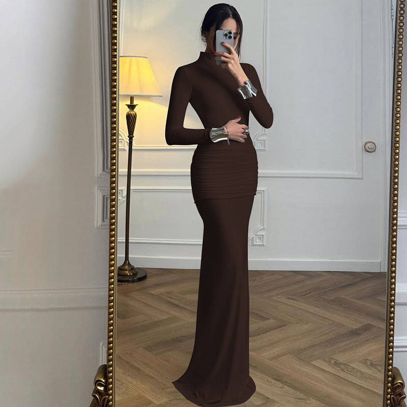 Damenkleidung Herbst Einfarbig Langarm Slim Fit Fishtail-Kleid Rückenfreies Kleid mit Knopfleiste Damen
