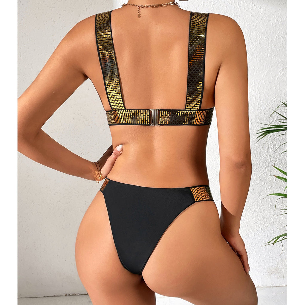 Maillot de bain une pièce uni avec bikini triangle doré élastique séparé pour femme
