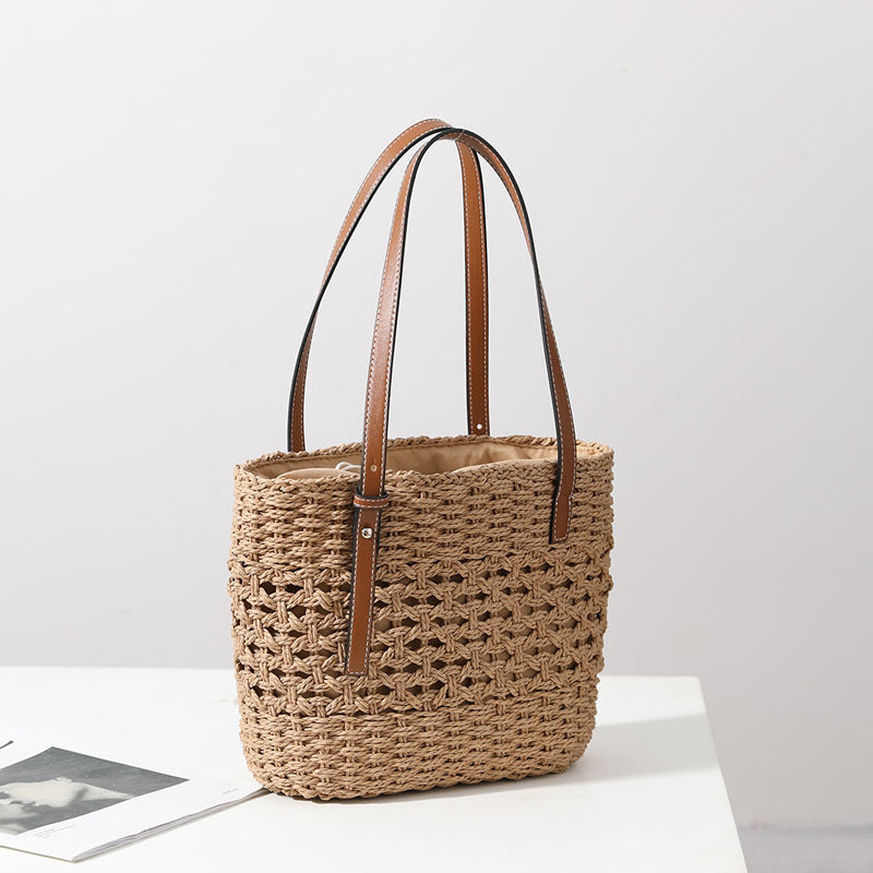 Sac en Paille Tressé pour Femmes, Sac à Main Creux Fait à la Main, Sac Porté Épaule Portable en Paille Tressée pour Vacances à la Plage