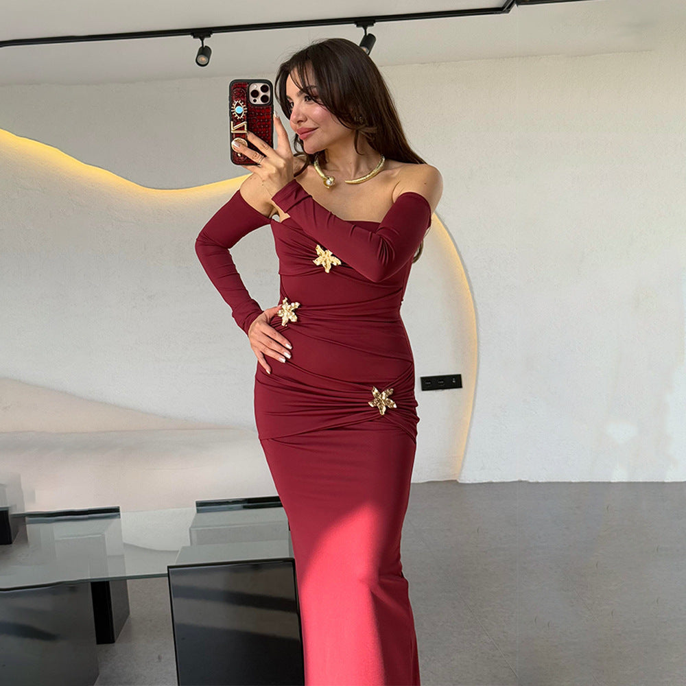 Plissiertes Langarm Damenkleid Modisch Sexy Etui Enges Kleid