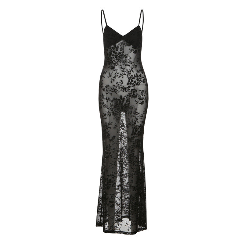 Frühling Sommer Damen Mesh Sexy Durchsichtig V-Ausschnitt Rückenfrei Schmale Passform Sling-Kleid