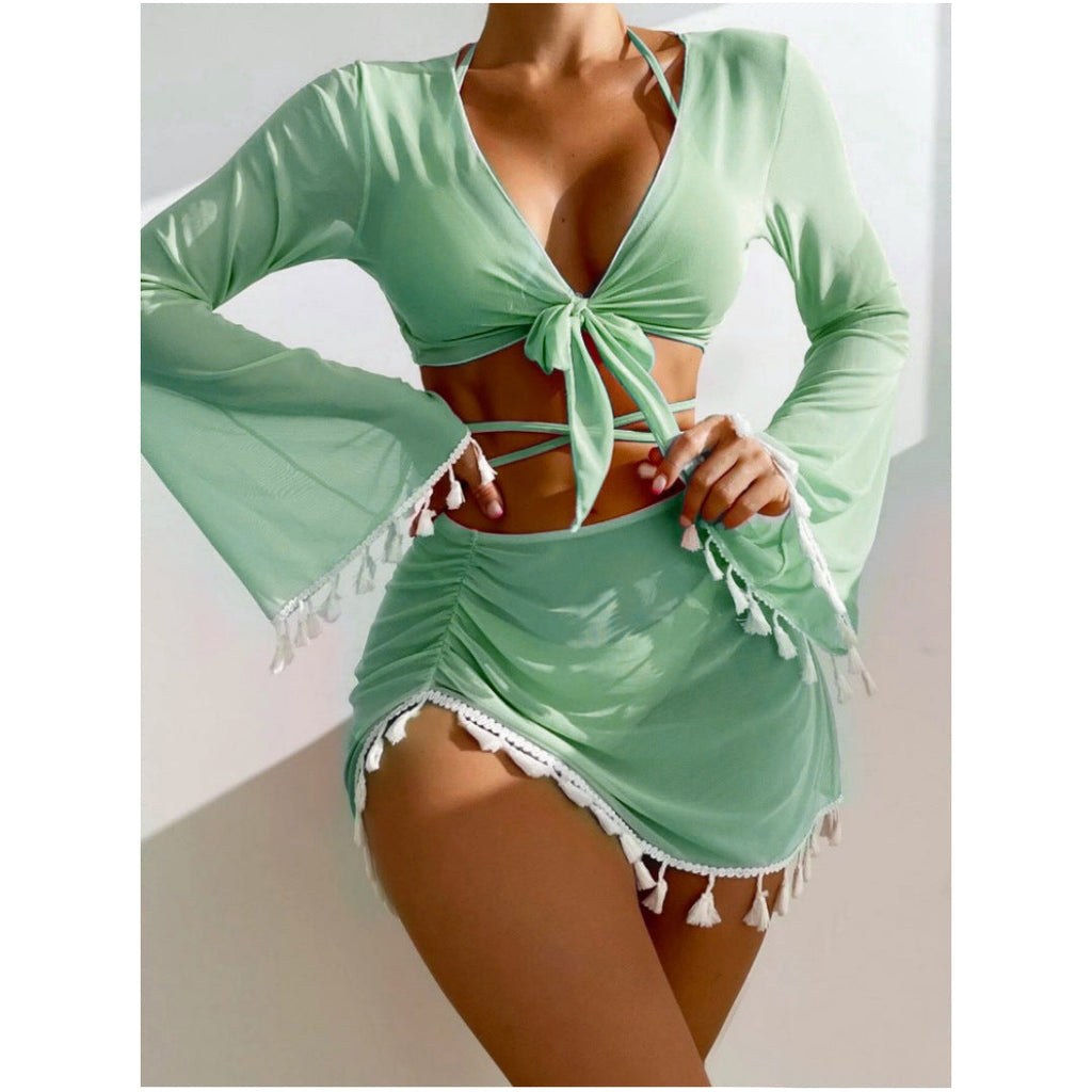 Einfarbiger Tassel-Vierteiler Bikini Bikini-Badeanzug für Damen