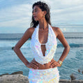 Ensemble de jupe de plage bikini sexy à paillettes de couleur unie pour femme, protection solaire