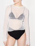 Strand-Hollow-Out-Cutout-Langarm-Sexy-Top für Damen, Rundhals, hohe Taille, sexy Oberbekleidung, durchsichtiges Hemd, T-Shirt