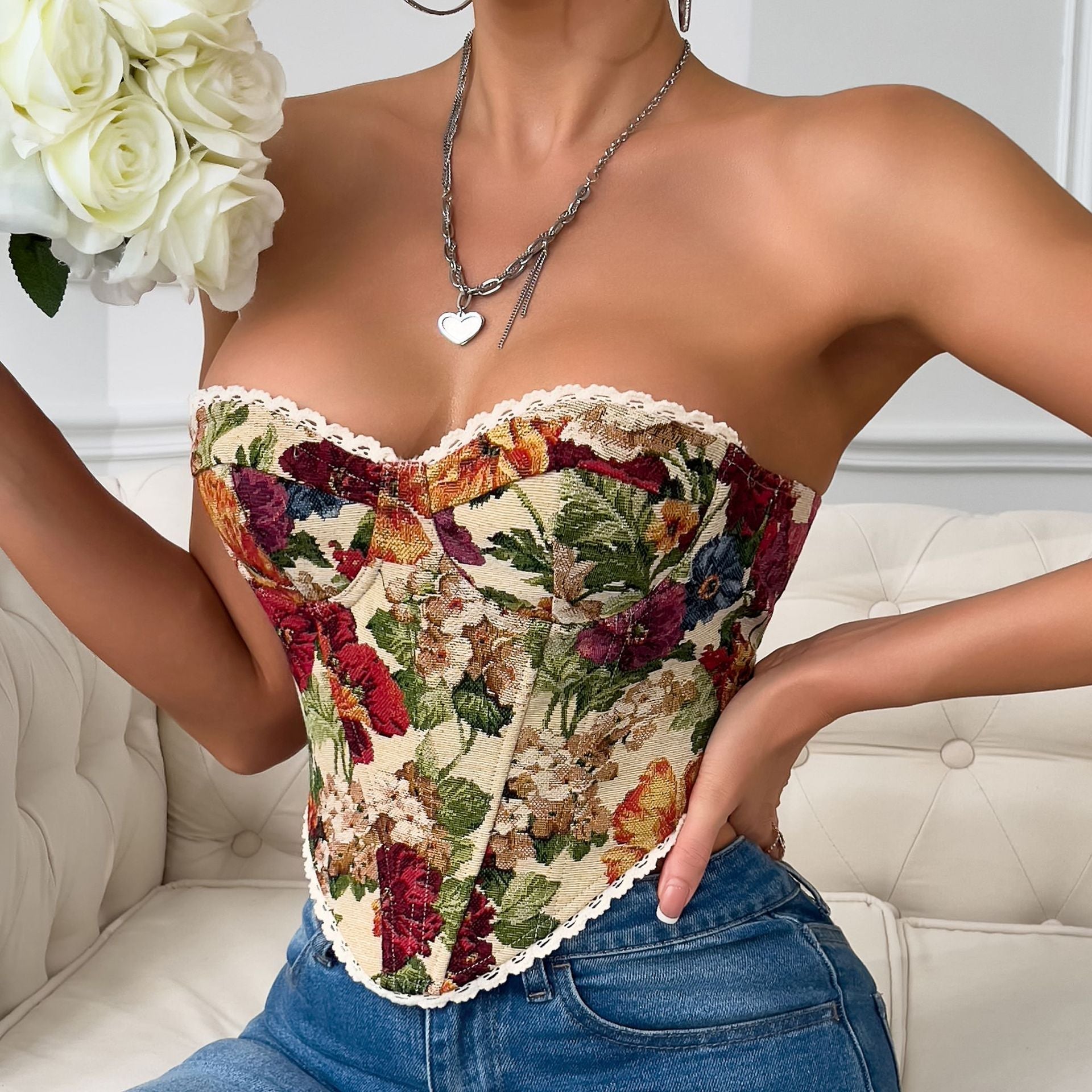 Haut Corset Gilet à Lacets Ajusté à Volants Imprimé Floral Rétro avec Baleines Style Minorité Française