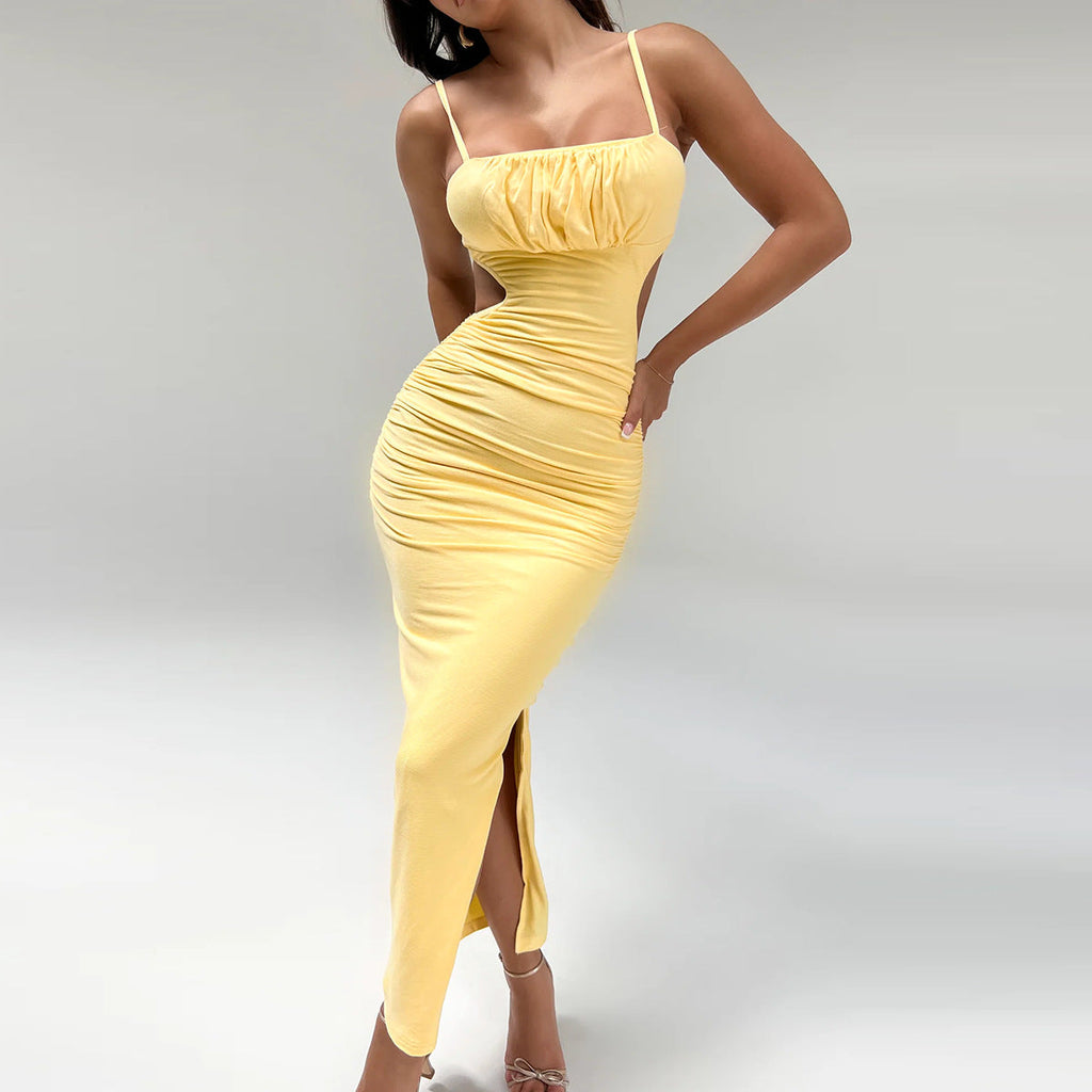 Robe camisole femme sexy dos nu à volants fendue sur le côté maxi