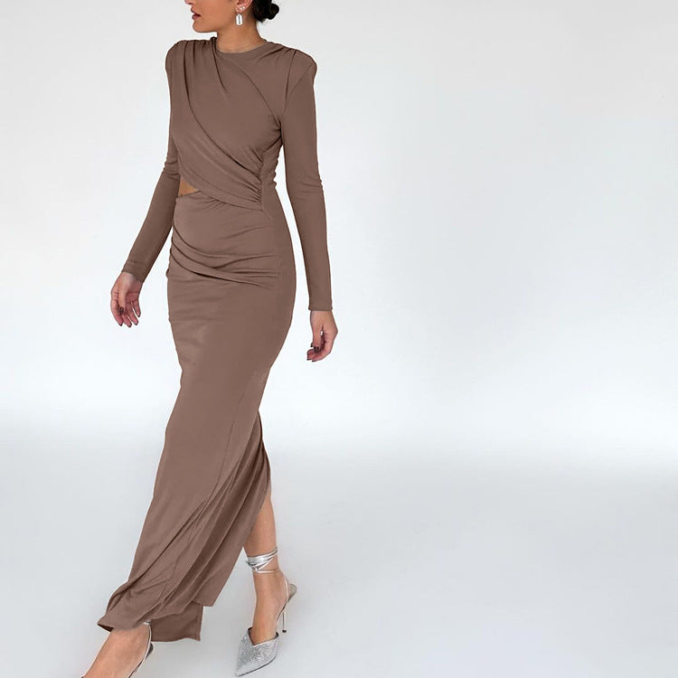 Robe plissée moulante de printemps à col rond et manches longues, coupe évidée fendue, couleur unie pour femme