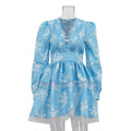 Robe plissée à col en V imprimée pour femme, manches longues, taille ajustée, élégante, coupe trapèze