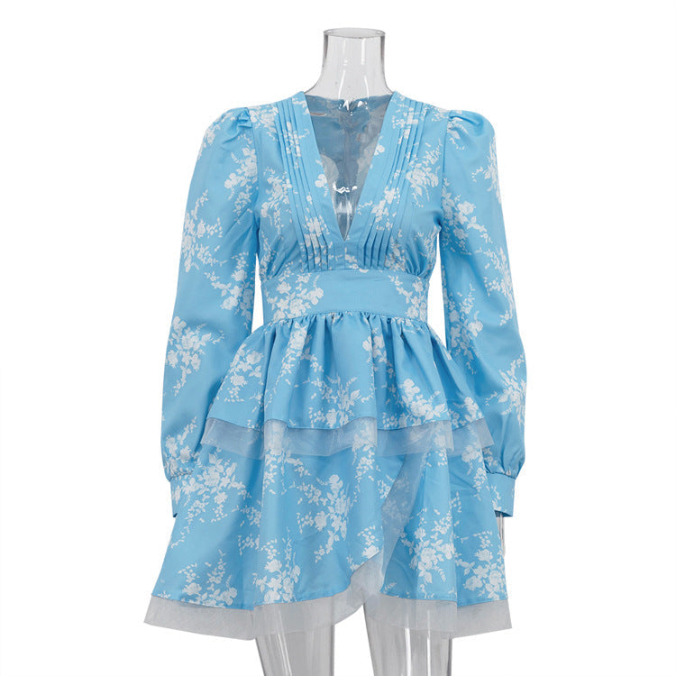 Robe plissée à col en V imprimée pour femme, manches longues, taille ajustée, élégante, coupe trapèze