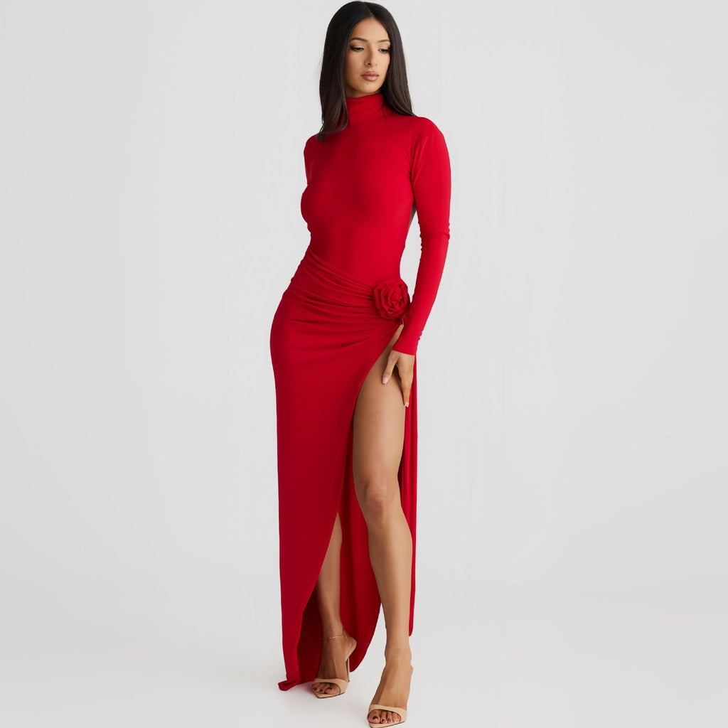Combinaison Femme Automne Col Haut Dos Nu Manches Longues Robe Longue Sexy Fendue