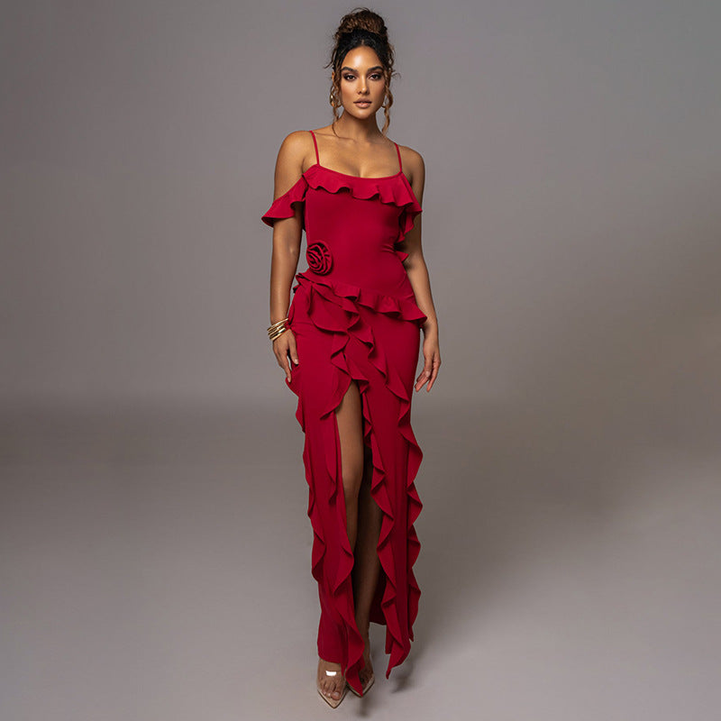 Frühling sexy einfarbig rückenfrei geschlitzt gespleißt Träger Maxikleid