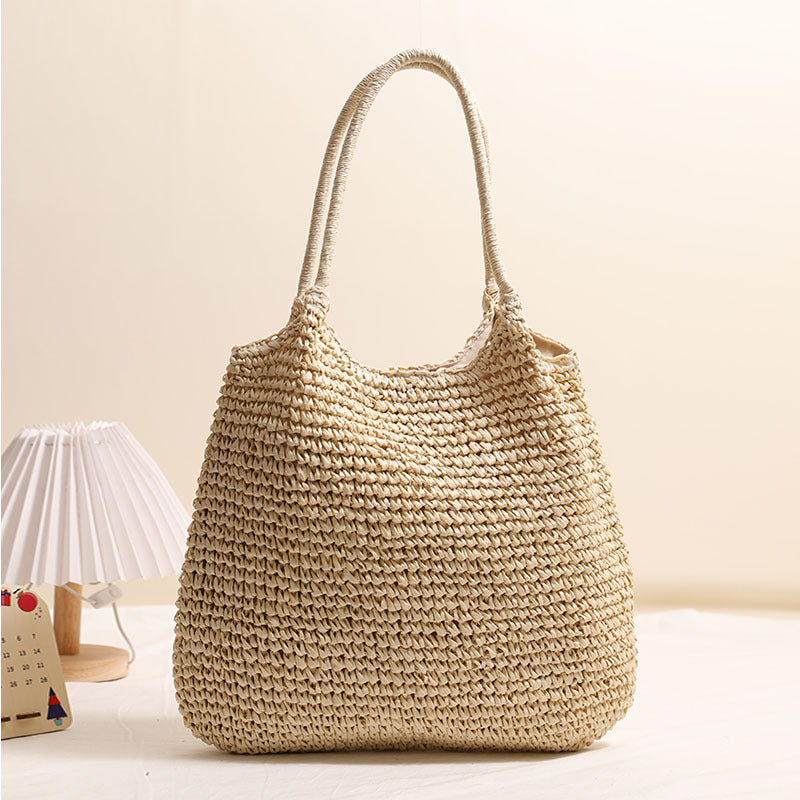 Grand Sac Cabas en Paille Sac à Bandoulière Décontracté Sac de Plage de Vacances Sac pour Femme