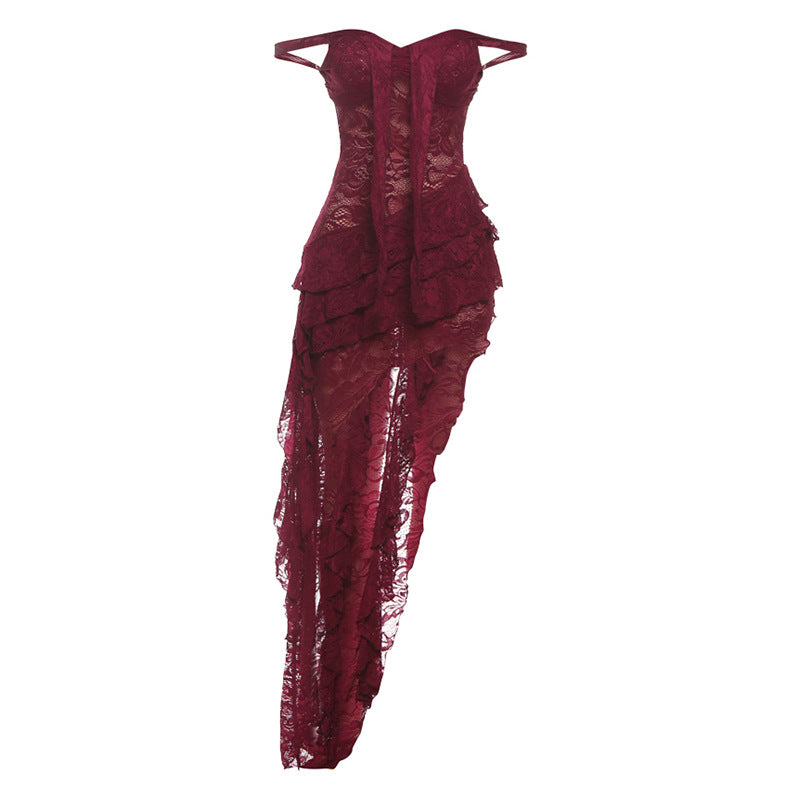 Robe bustier asymétrique sexy en dentelle ajourée et transparente à taille nouée pour femme
