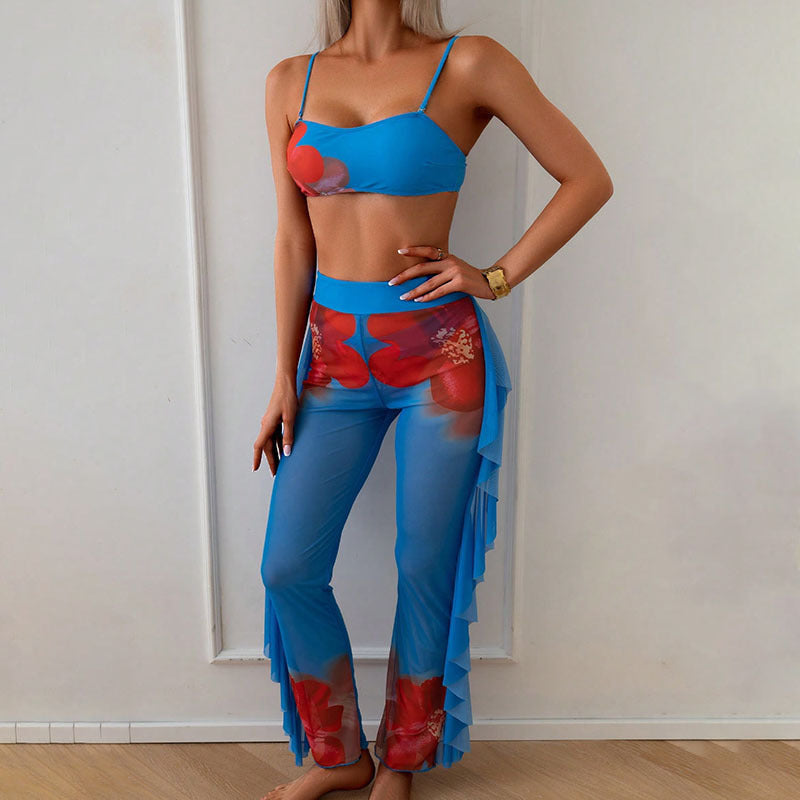 Maillot de bain imprimé trois pièces pour femme, pantalon de plage, bikini sexy, maillot de bain de printemps