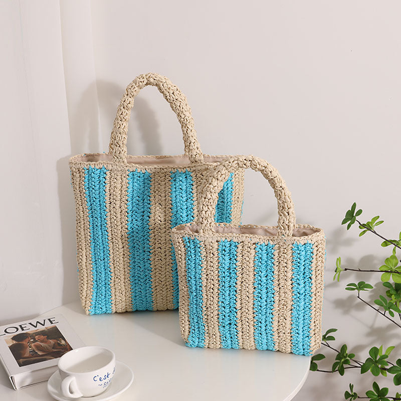 Vertikal gestreifte französische Strohtasche Tragbare Strohtasche mit Kontrastfarben Gewebte Tasche Damenhandtasche Strandtasche für den Urlaub