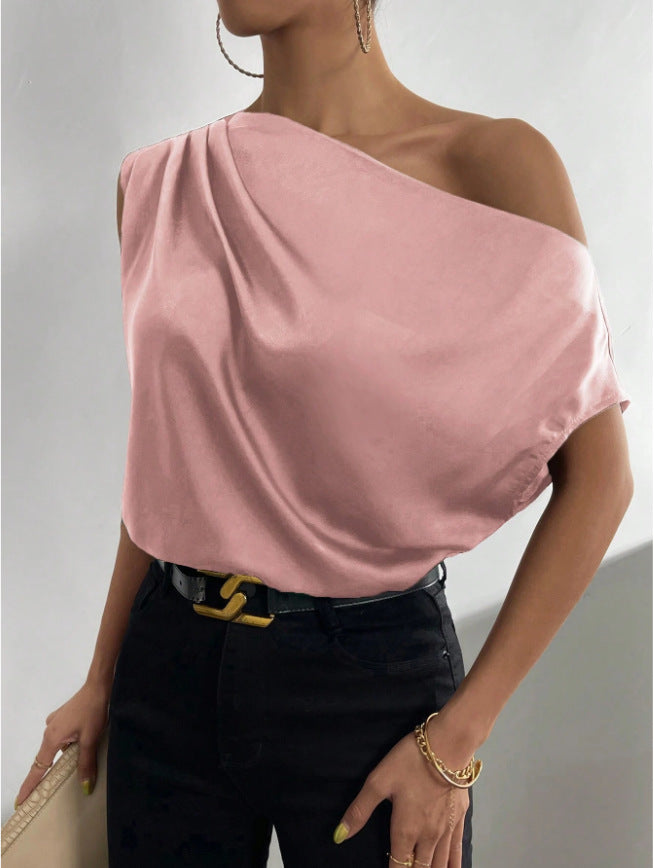 Frühling Einfarbig Satin Kunstseide Irregulär Asymmetrisch Schulterfrei Pullover Ärmelloses Hemd Damen Kleidung