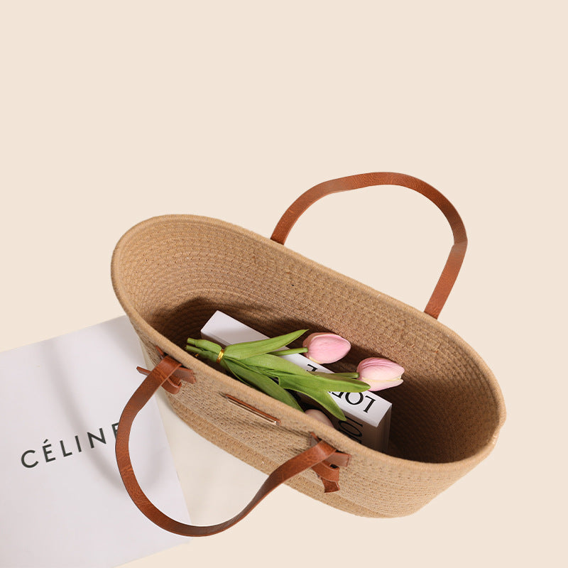 Sac tissé en fil de coton à une épaule Grande capacité Sac de paille Sac de plage de vacances pour femmes