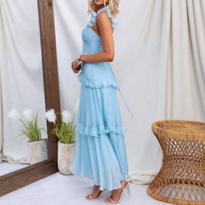 Damen Sommerkleid, einfarbig, elegant, anmutig, mit Rüschen