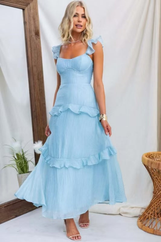 Damen Sommerkleid, einfarbig, elegant, anmutig, mit Rüschen