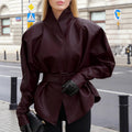 Retro Wine Red Autumn Winter Leather Coat Women Long Sleeve Stand Collar Belt Waist Tight Figure Flattering Leather Jacket