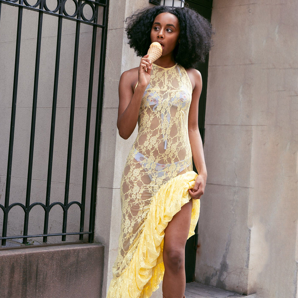 Robe longue asymétrique femme sans manches col rond en dentelle transparente sexy d'été