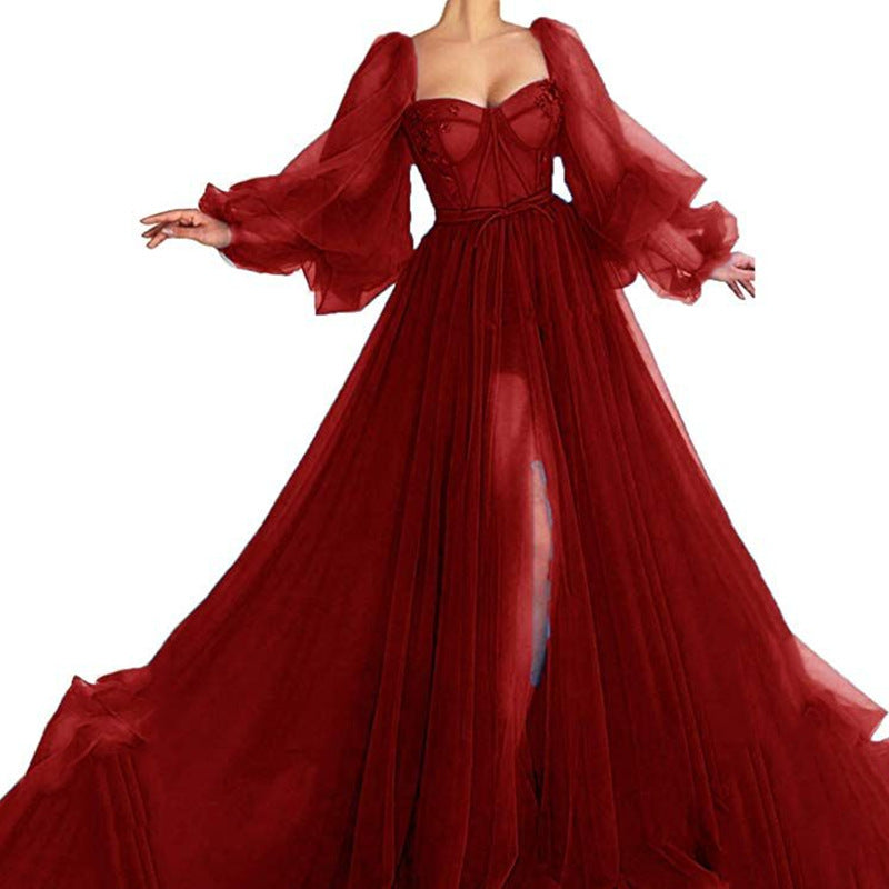Sommer Damenbekleidung Anmutiges Modisches Kleid Mesh-Split-Ausgestelltes Kleid Hochzeitsabendkleid
