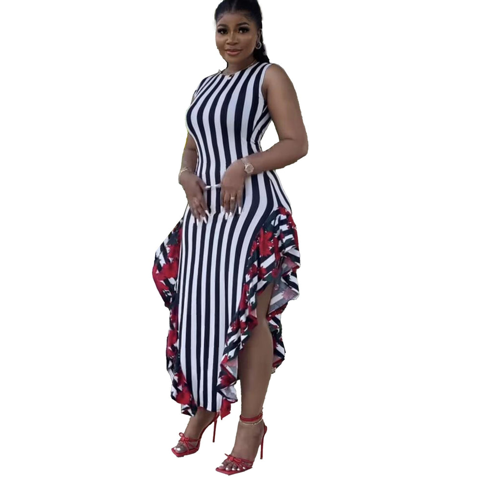 Robe sans manches à rayures et à bords en bois pour femmes
