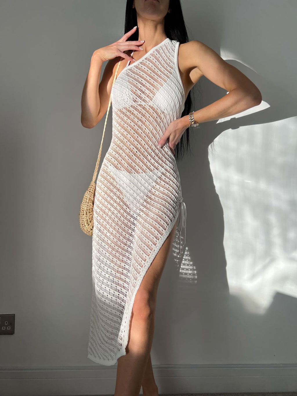Sexy gestrickter, ausgehöhlter, geschlitzter Strand-Bikini-Überwurf für Damen, transparent, Maxi