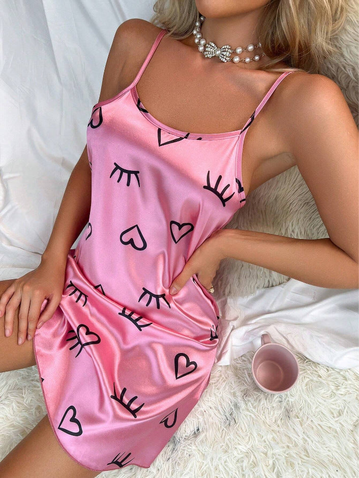 Damen Eisseide Träger Nachthemd Sexy Rückenfreies Pyjama Damen Dünnes Atmungsaktives Bedrucktes Spaghettiträger-Kleid