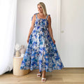 Robe longue imprimée florale à bretelles, taille smockée élastique, bretelles nouées et large jupe évasée Printemps-Été