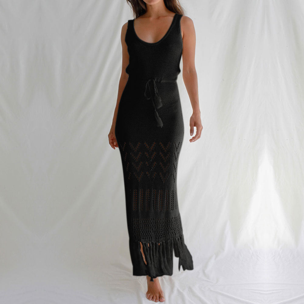 Robe de plage pare-soleil évidée à découpes avec bretelles, robe longue maxi pour femme, blouse de maillot de bain bikini à pompons