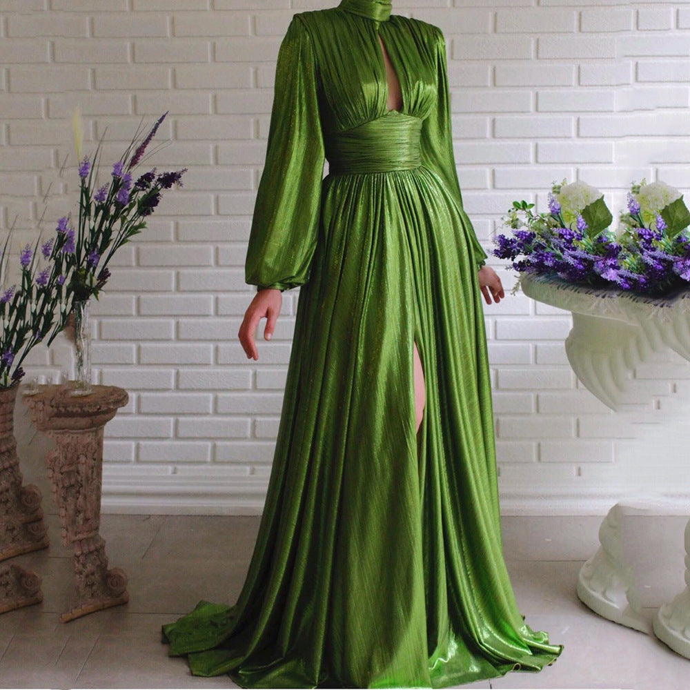 Robes de Printemps Été Tendance Couleur Ceinture Serrée Halter Grande Balançoire Sexy Avocat Vert Robe Longue pour Femmes