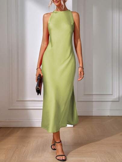 Satin-Kleid Damenbekleidung Frühling Sommer Ärmelloses geteiltes Satin-Imitat Seidenmaxikleid