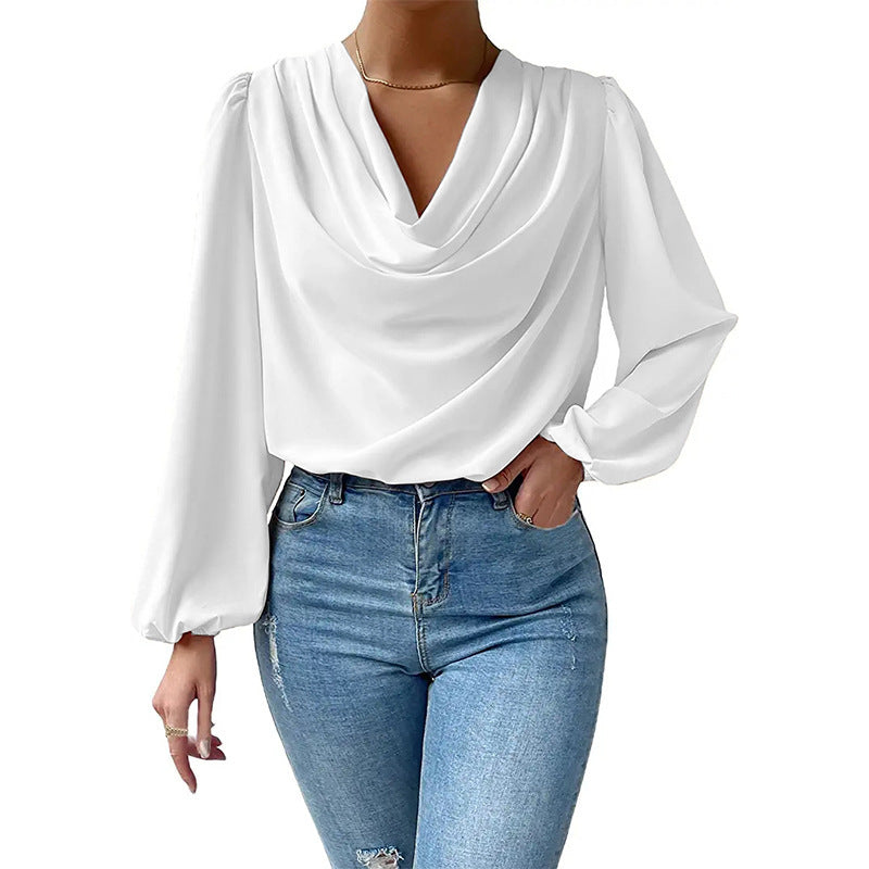 Chemisier à manches longues ample et drapé, Col en V, T-shirt, Vêtements pour femmes