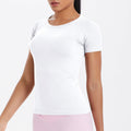 T-shirt d'exercice à manches courtes et col rond pour femme, haut de course, de fitness, doux pour la peau, ajusté, respirant, de yoga à manches courtes.