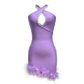 Robe de soirée moulante sexy dos nu à strass et plumes