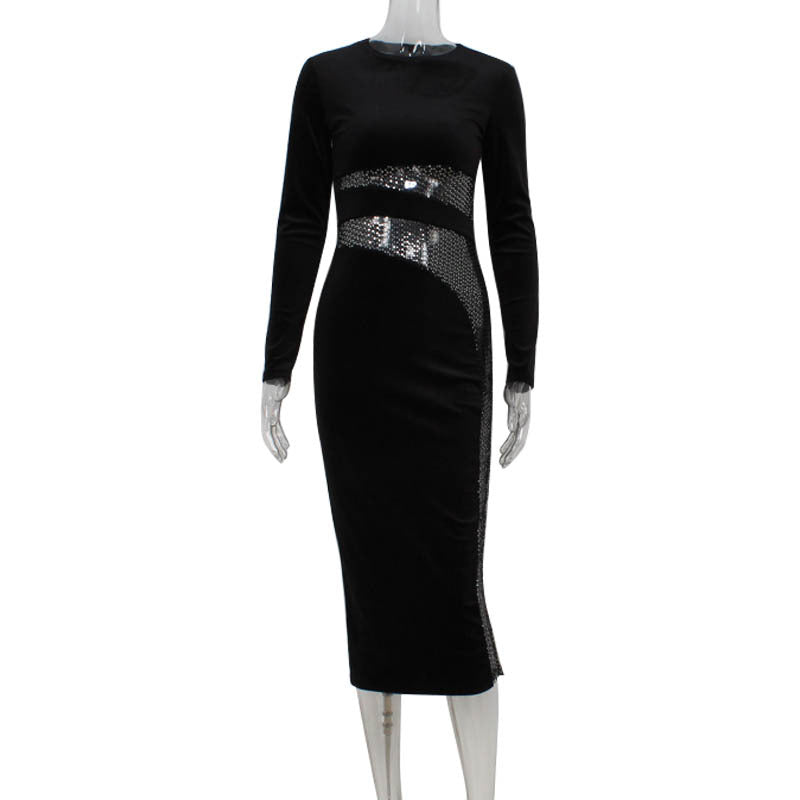 Robe longue fourreau en velours slim à coutures à paillettes "High Sense" pour femme, collection automne-hiver