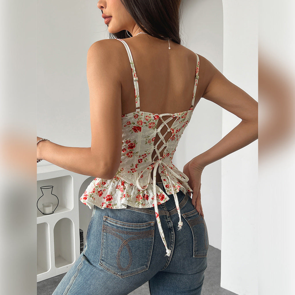 Printemps Été Floral Irrégulier Asymétrique Volants Léger Amincissant Sexy Dos Nu Laçage Poitrine Enveloppée