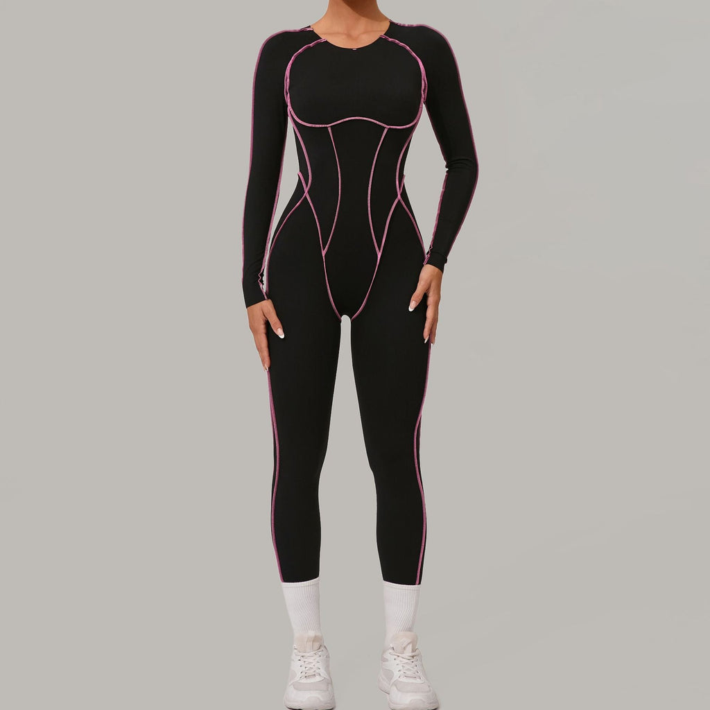 Combinaison de yoga moulante à manches longues, coupe tridimensionnelle, couleur assortie, haute résistance, pour le sport et le fitness